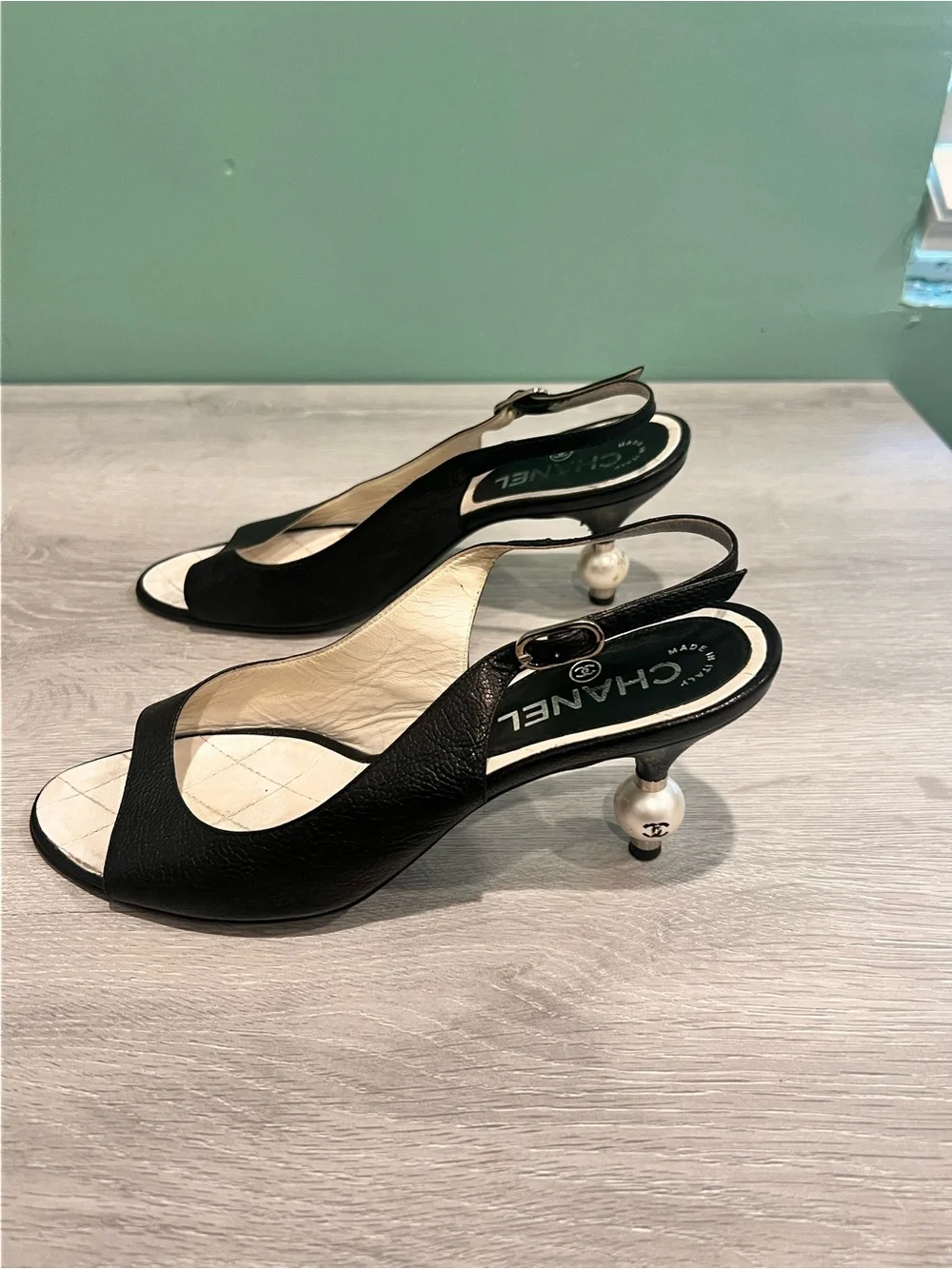 CHANEL Black Open Toe Slingback Pearl Heel